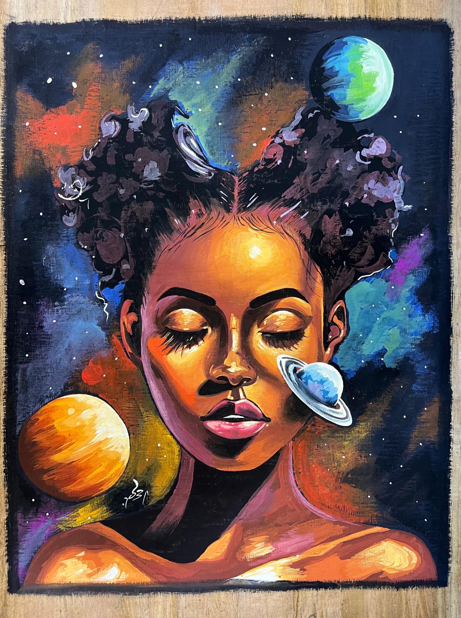 04 Woman Space Planets Afro Puffs Portrait