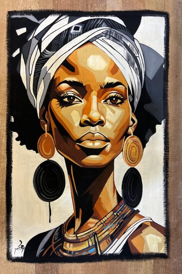 African Woman White Headwrap Round Earrings Portrait