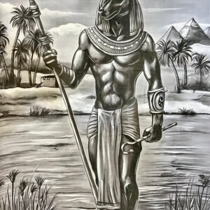Anubis Standing Staff Nile Palms Bw