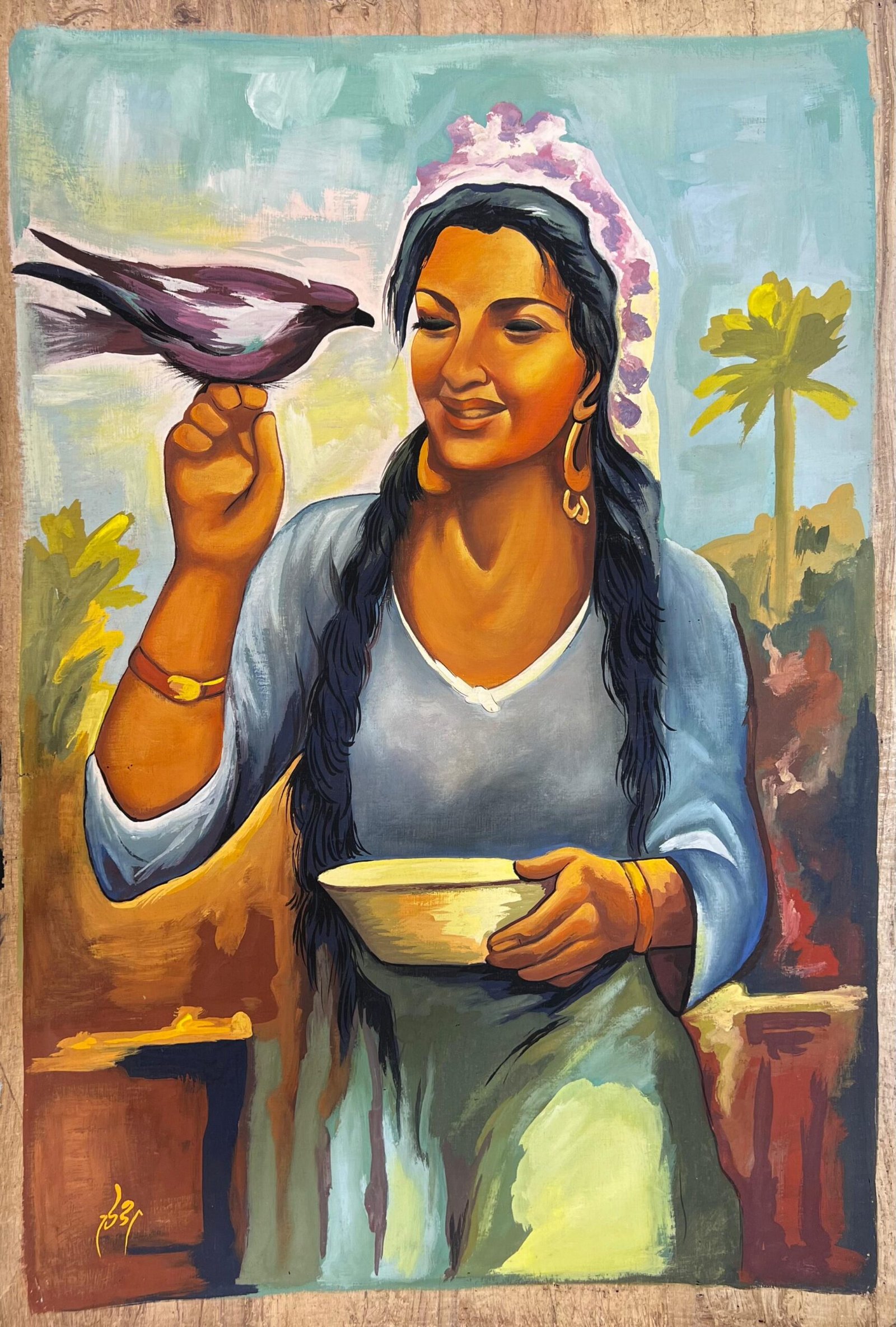 Egyptian Woman Bird Bowl Countryside