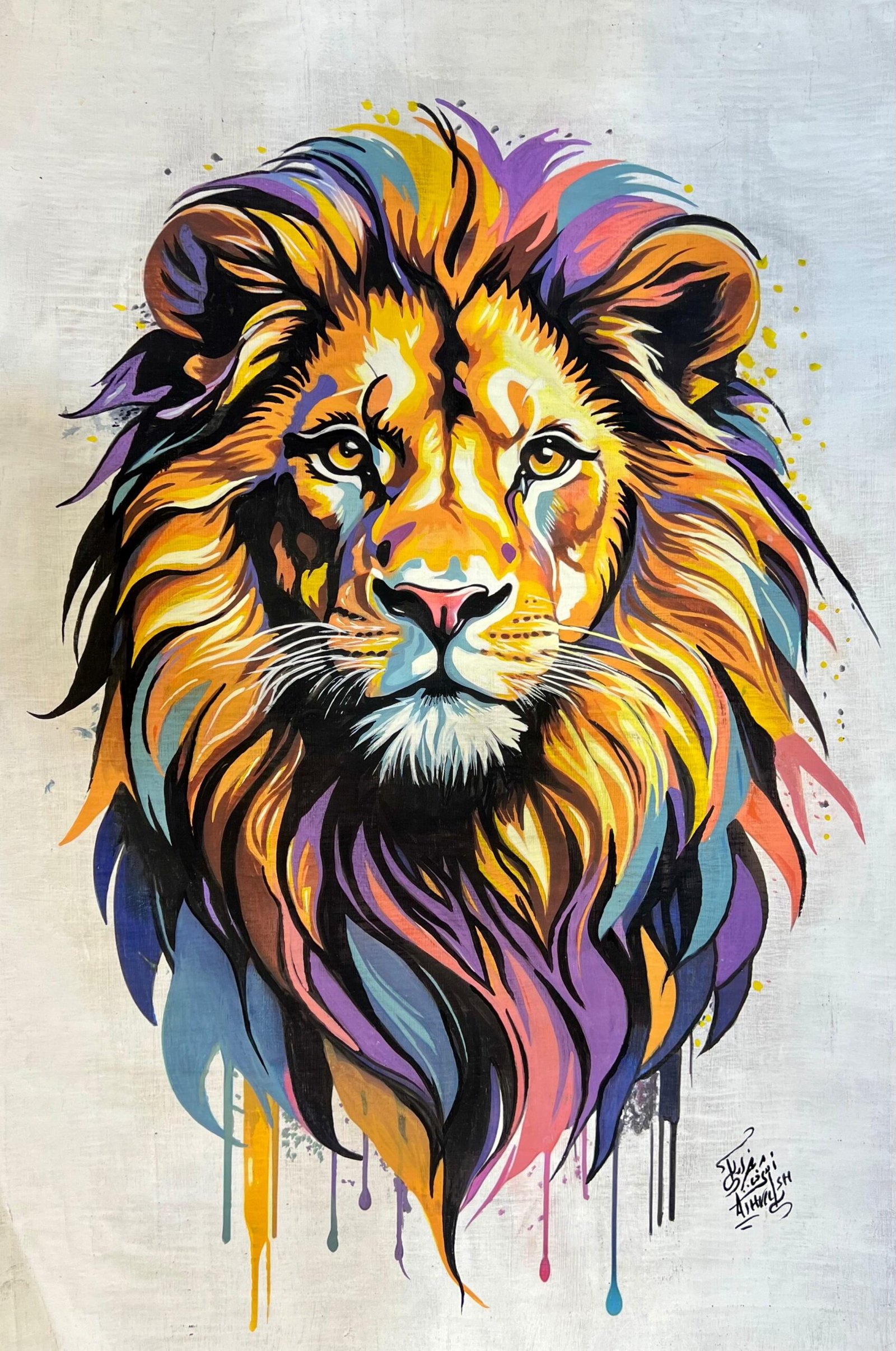 Lion Head Colorful Paint Drips White Bg