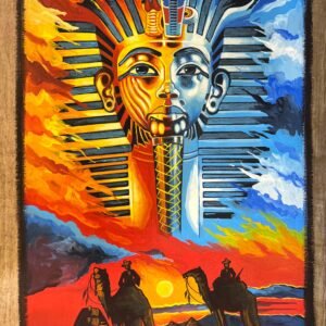 Tutankhamun Mask Sunset Camels Pyramids