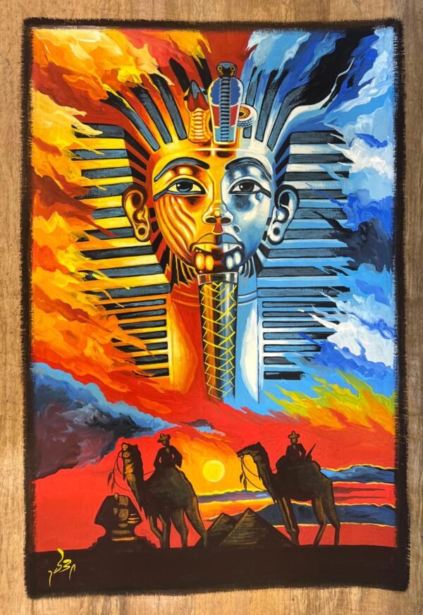Tutankhamun Mask Sunset Camels Pyramids