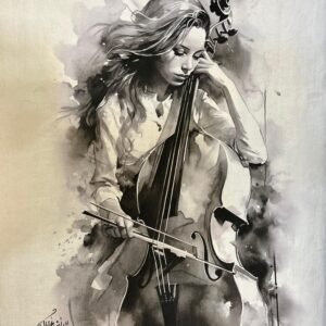 Woman Playing Cello Ink Wash Bw